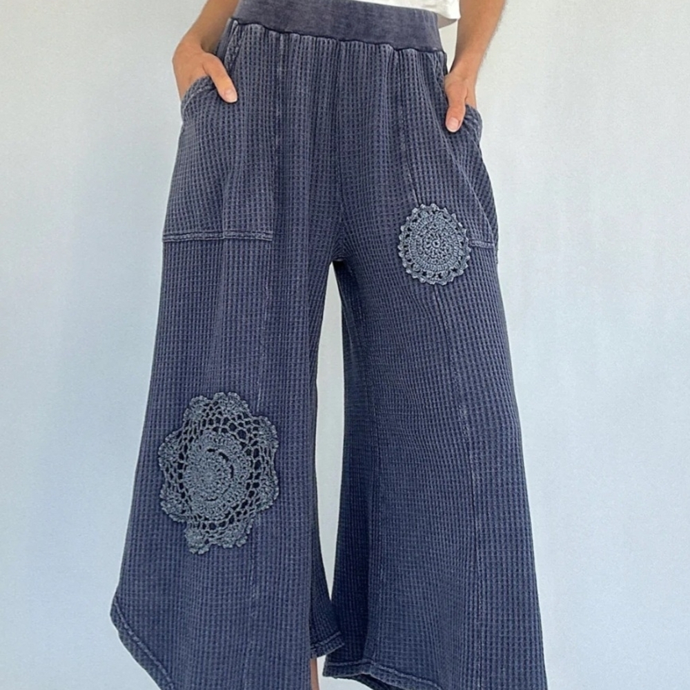 Easel Navy Wide-Leg Crocheted Patch Pants NWT